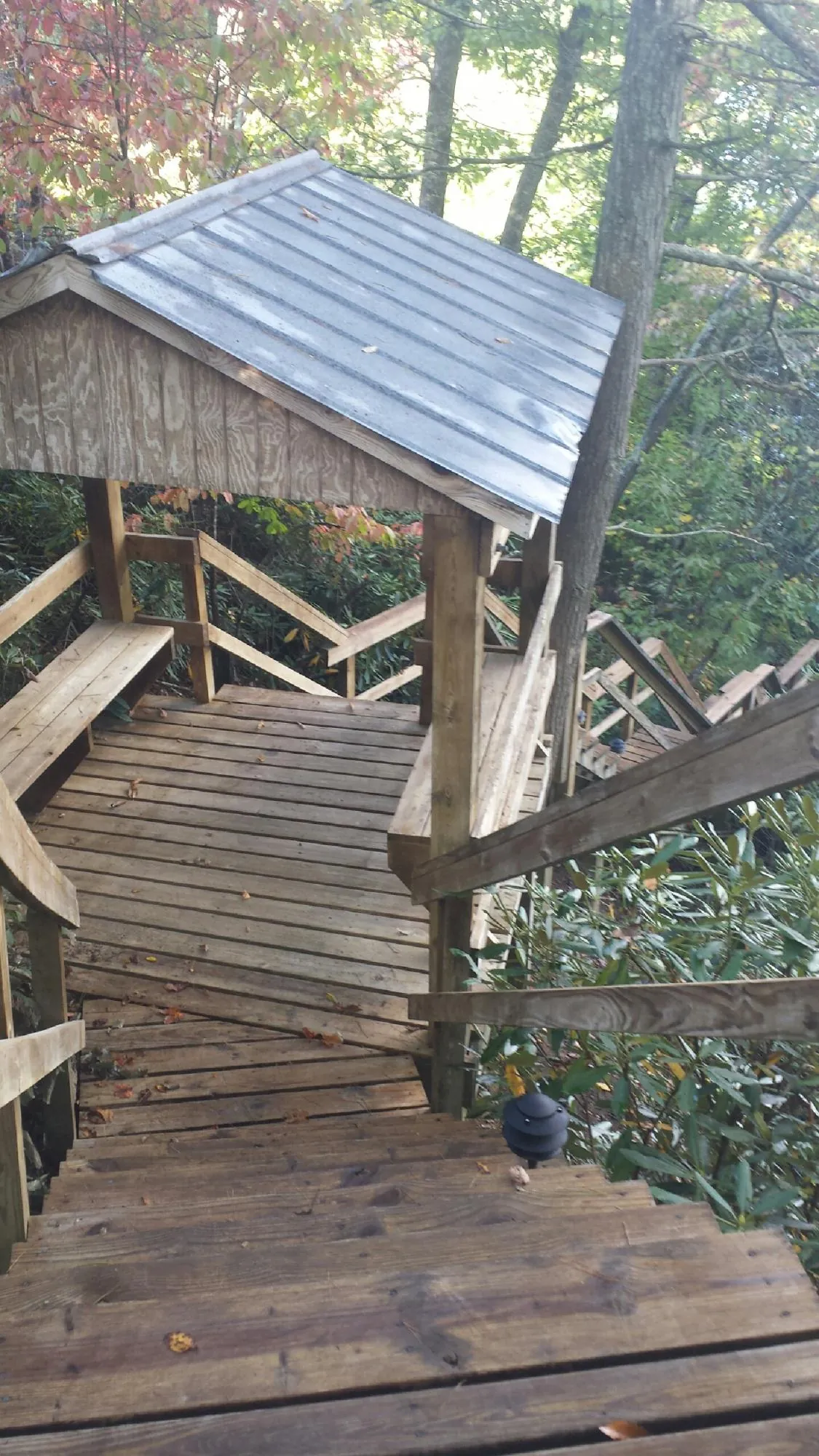 Metal roofed shelter over wooden steps on a wooded walkway — Skylight Repair & Installation work by our crew in Pickens